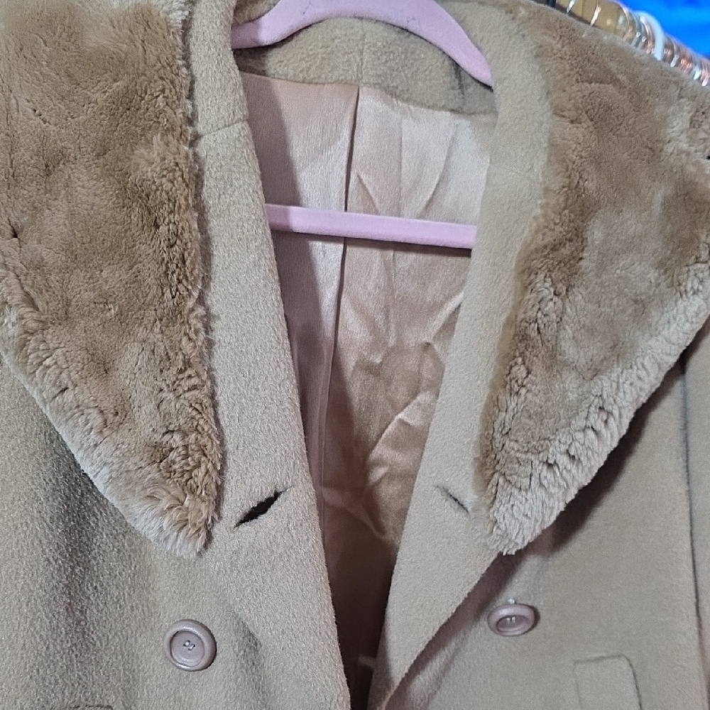 Vintage‎ 1960s Tan Wool Coat Faux Fur Collar Sz Small - Picture 3 of 7